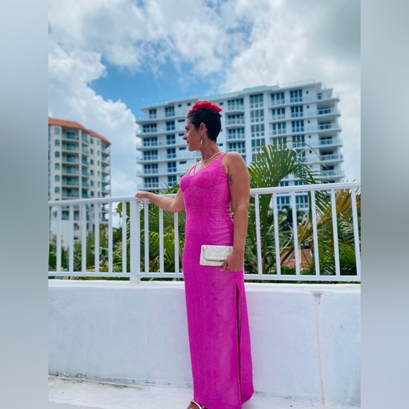 Pink Scala Beaded Sheath Gown Size Large Mermaidcore Holiday Glamcore Balletcore - Picture 4 of 16